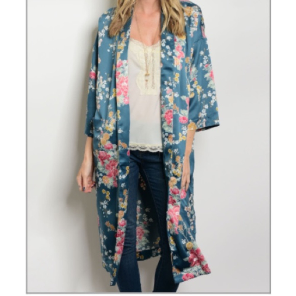 💐Silky Feel Floral Teal Duster💐